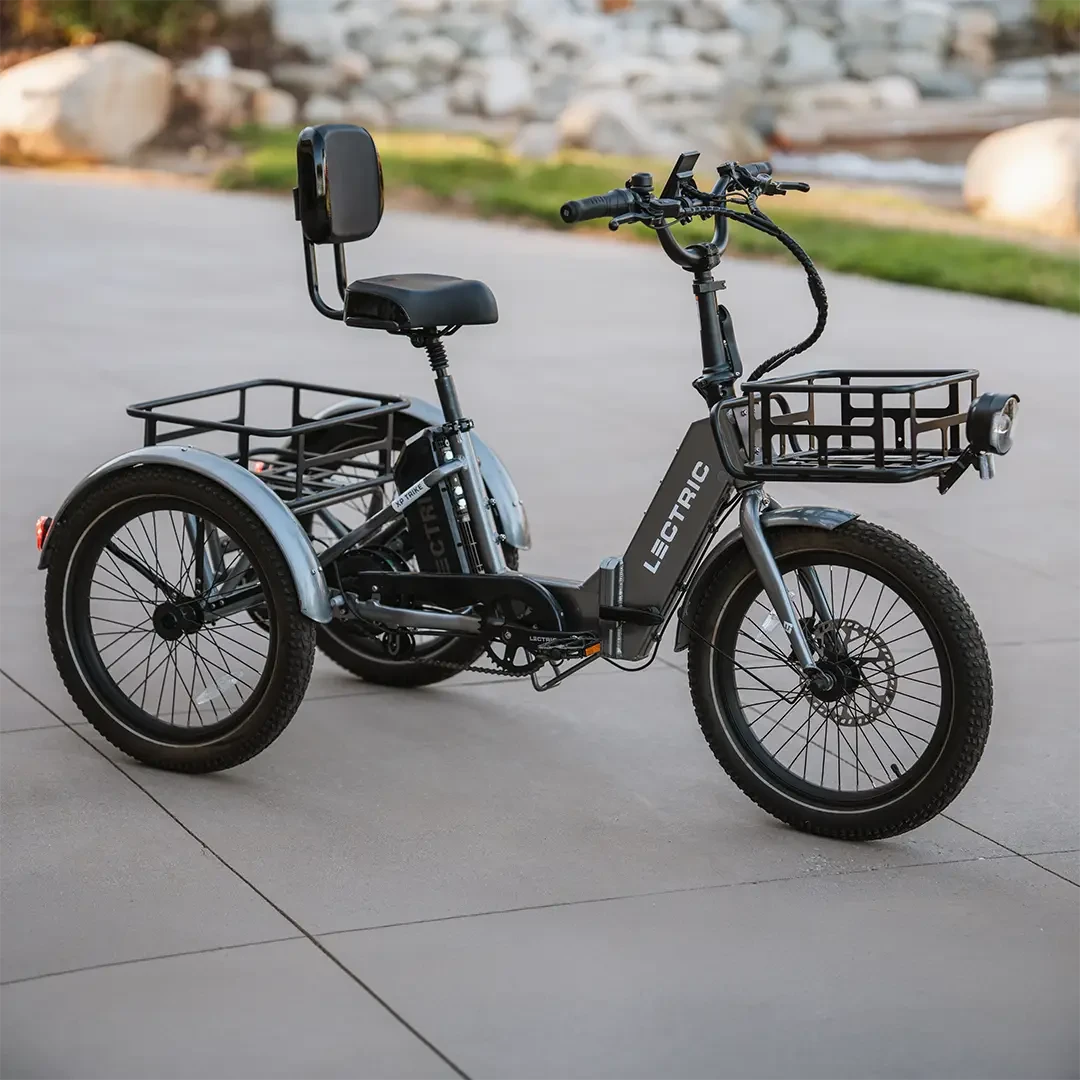 Test riding an e-trike at a shop